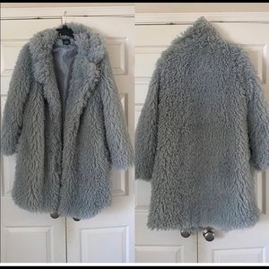 Icy dusty gray blue shaggy faux fur jacket coat